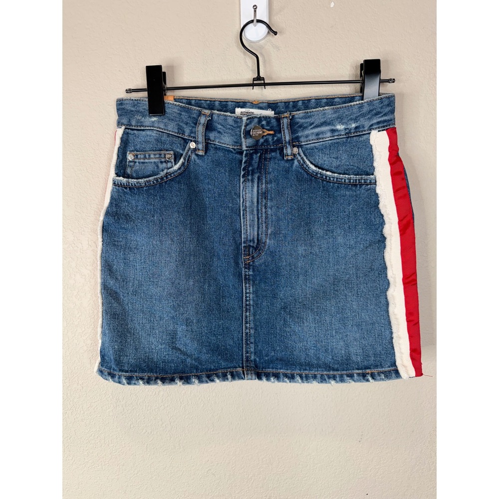 Zara TRF Denim Mini Skirt Blue Medium Wash Red White Side Stripe Size XS 24